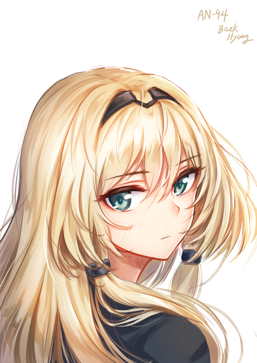 1girl an-94_(girls_frontline) artist_name baek_hyang bangs blonde_hair blue_eyes blush braid character_name closed_mouth eyebrows_visible_through_hair from_behind girls_frontline hair_between_eyes hair_over_shoulder hair_ribbon hairband highres jacket long_hair looking_at_viewer looking_back portrait ribbon sidelocks simple_background tress_ribbon white_background