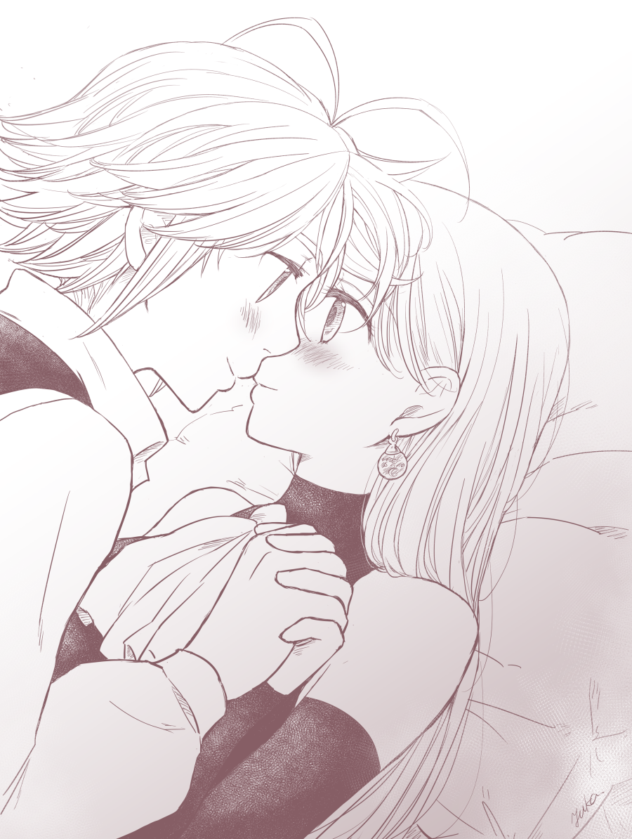 1boy 1girl antenna_hair artist_name bare_shoulders blush couple detached_sleeves earrings elizabeth_liones eye_contact greyscale harumiya imminent_kiss jewelry long_hair long_sleeves looking_at_another lying meliodas monochrome nanatsu_no_taizai necktie on_back pillow
