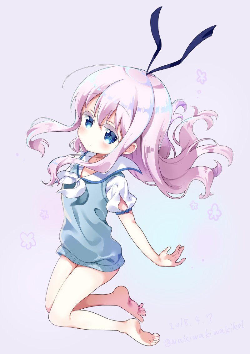 1girl bangs bare_legs barefoot black_ribbon blue_eyes blush closed_mouth colored_eyelashes commentary_request dated eyebrows_visible_through_hair feet full_body hair_between_eyes hair_ribbon long_hair looking_at_viewer neckerchief neki_(wakiko) no_pants pink_hair puffy_short_sleeves puffy_sleeves ribbon sengoku_kamuri shirt short_sleeves slow_start soles solo sweater_vest toes twitter_username very_long_hair white_neckwear white_shirt