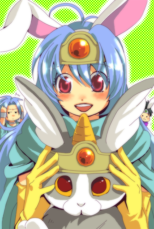 1girl commentary_request dragon_quest dragon_quest_iii horned_rabbit long_hair multiple_boys roto sage_(dq3) short_hair