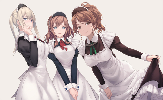 3girls alternate_costume apron aquila_(kantai_collection) blonde_hair blue_eyes breasts brown_eyes brown_hair frills graf_zeppelin_(kantai_collection) kantai_collection maid maid_apron maid_headdress multiple_girls neckerchief ponytail puffy_sleeves red_neckwear rokuwata_tomoe saratoga_(kantai_collection) waist_apron