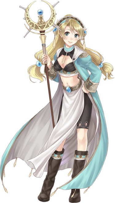 1girl atelier_(series) atelier_elkrone atelier_marie bike_shorts black_bra black_footwear black_shorts blonde_hair blue_coat boots bra closed_mouth fukahire_(ruinon) full_body green_eyes hand_on_hip headdress holding holding_staff knee_boots long_hair looking_at_viewer low-tied_long_hair marie_(atelier) midriff navel official_art shorts smile solo staff standing twintails underwear