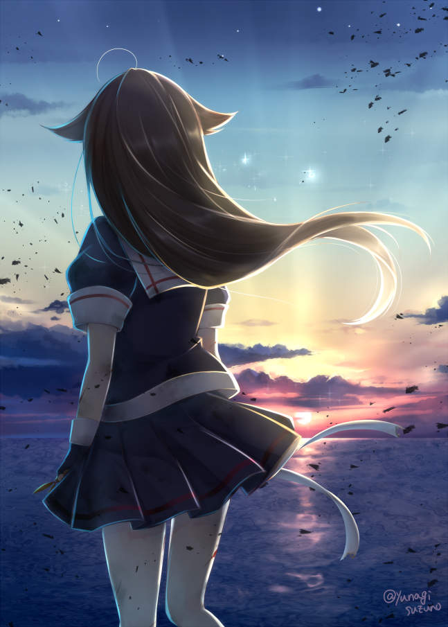 1girl ahoge alternate_hairstyle arms_at_sides backlighting black_gloves black_hair black_serafuku black_shirt black_skirt blood clouds debris dirty facing_away feet_out_of_frame floating_hair gloves gradient_sky hair_down hair_flaps hair_ornament_removed holding horizon injury joujou kantai_collection light_rays miniskirt ocean remodel_(kantai_collection) sailor_collar school_uniform serafuku shigure_(kantai_collection) shiny shiny_hair shirt short_sleeves skirt solo sparkle standing sun sunbeam sunlight sunset twitter_username water white_sailor_collar wind