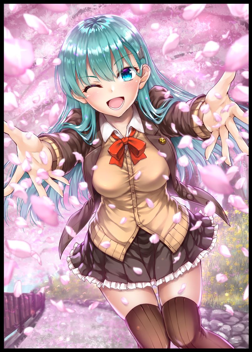 1girl akizuki_akina aqua_hair black_border blue_eyes blush border bow breasts brown_blazer brown_jacket brown_legwear brown_skirt cherry_blossoms collared_shirt foreshortening frilled_skirt frills hair_ornament hairclip jacket kantai_collection large_breasts long_hair long_sleeves one_eye_closed open_clothes open_jacket open_mouth outdoors pleated_skirt red_neckwear remodel_(kantai_collection) school_uniform shiny shiny_hair shirt skirt solo suzuya_(kantai_collection) thigh-highs white_shirt