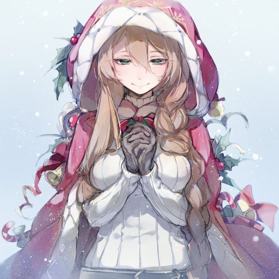 1girl alternate_costume alternate_hairstyle bangs bell belt blush braid breasts brown_hair buckle candy candy_cane christmas christmas_ornaments coat eyebrows_visible_through_hair food fur-trimmed_coat fur_trim girls_frontline gloves green_eyes hair_between_eyes hair_over_shoulder half-closed_eyes hands_together hood hood_up hooded_coat large_breasts long_hair long_sleeves looking_at_viewer looking_down m1903_springfield_(girls_frontline) red_coat ribbed_sweater shuzi sidelocks simple_background smile snow snowing solo sweat sweater upper_body very_long_hair white_sweater