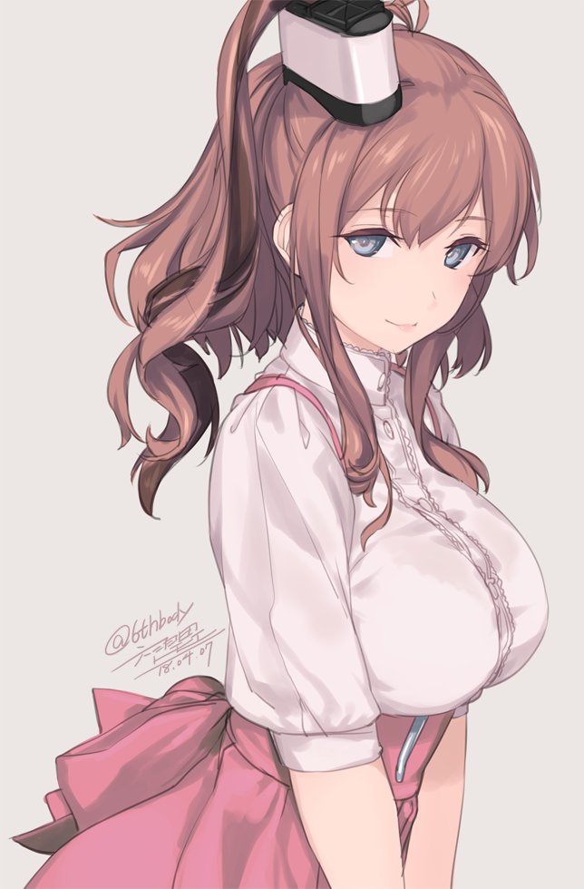 1girl alternate_costume blue_eyes breasts brown_hair closed_mouth collared_dress dated dress grey_background hands_together kantai_collection large_breasts lips long_hair looking_at_viewer pink_shirt pink_skirt ponytail rokuwata_tomoe saratoga_(kantai_collection) shirt short_sleeves side_ponytail sidelocks simple_background skirt smile smokestack solo twitter_username upper_body
