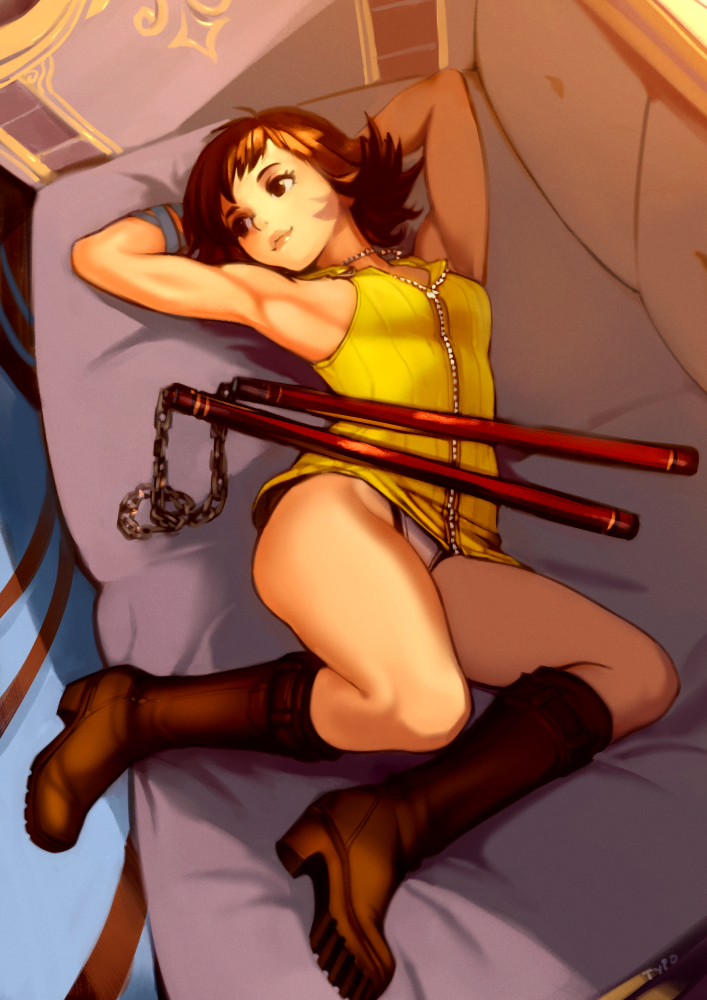 1girl boots brown_hair dress final_fantasy final_fantasy_viii looking_to_the_side lying nunchaku panties pantyshot pantyshot_(lying) selphie_tilmitt shade short_dress short_hair smile solo sunlight typo_(requiemdusk) underwear weapon white_panties zipper