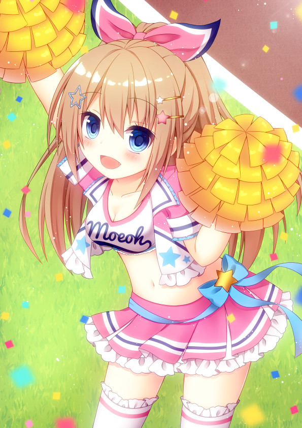 1girl :d arms_up bangs blue_bow blue_eyes blurry blurry_foreground blush bow breasts brown_hair cheerleader cleavage collarbone commentary_request confetti crop_top day depth_of_field eyebrows_visible_through_hair fang frilled_legwear hair_between_eyes hair_ornament hair_ribbon hairclip himetsuki_luna holding jacket long_hair looking_at_viewer medium_breasts moe2017 open_clothes open_jacket open_mouth original outdoors pink_jacket pink_ribbon pink_skirt pleated_skirt pom_poms ponytail ribbon short_sleeves sidelocks skirt smile solo standing star star_hair_ornament thigh-highs very_long_hair white_legwear