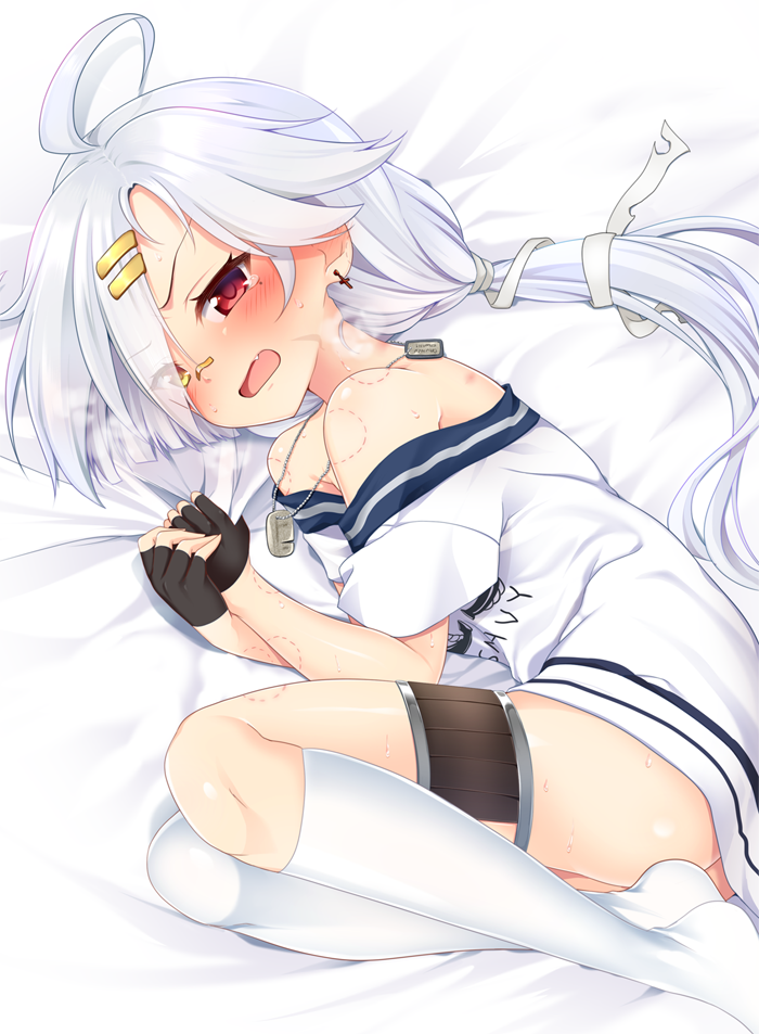 1girl ahoge ass azur_lane bandaid bandaid_on_nose bite_mark blush clothes_writing commentary_request cross cross_earrings dog_tags downes_(azur_lane) earrings fang fingerless_gloves gloves hair_ornament jewelry long_hair lying mole mole_under_eye nnyara off_shoulder on_bed on_side open_mouth red_eyes shirt single_thighhigh solo tears thigh-highs thigh_strap white_hair