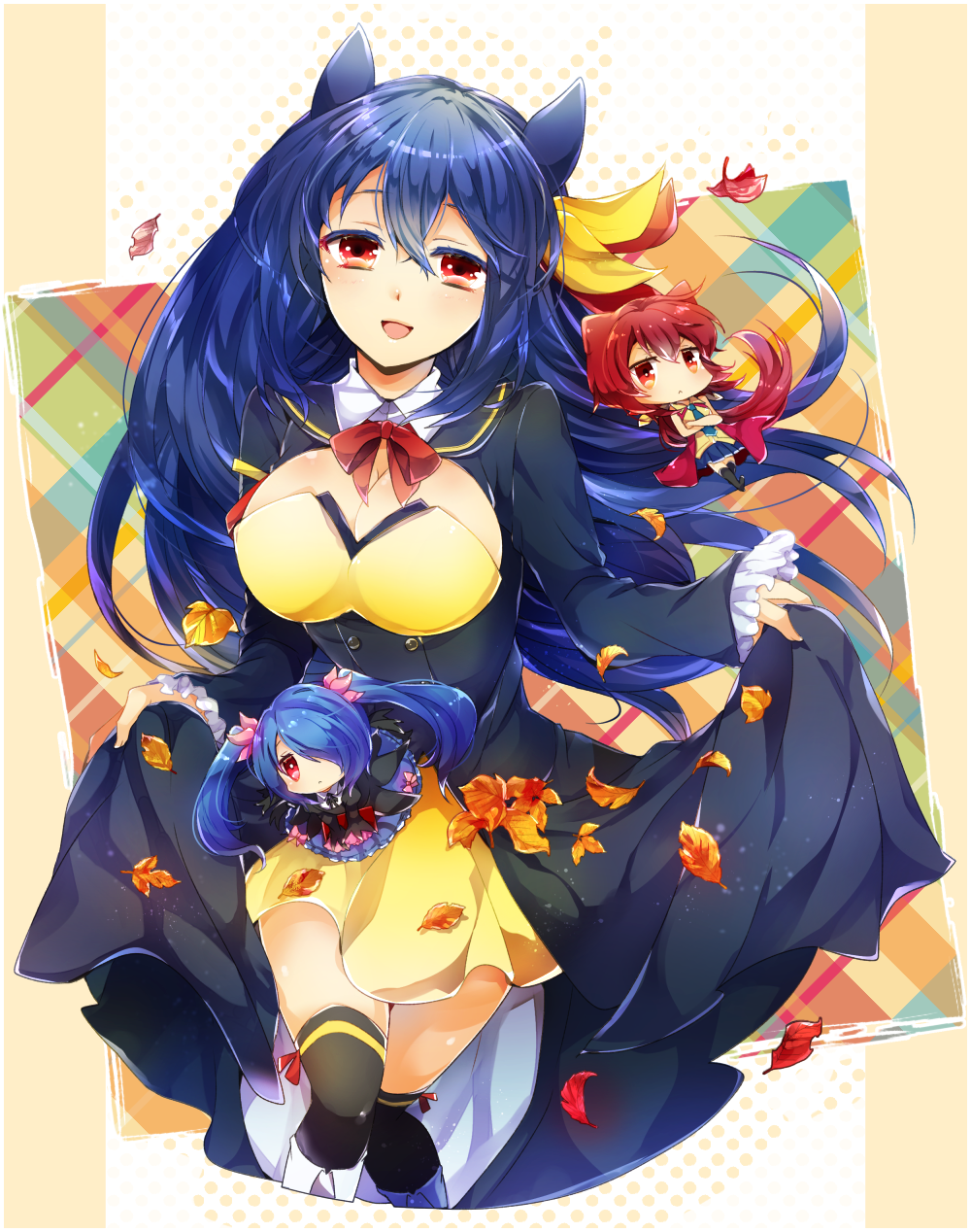3girls akatsuki_yakyou autumn_leaves bad_leg black_legwear blue_hair blue_neckwear blue_skirt breasts character_request chibi cleavage curtsey hair_between_eyes hair_over_one_eye highres large_breasts leaf long_hair multiple_girls necktie personification pokemon red_eyes skirt skirt_hold standing twintails typhlosion