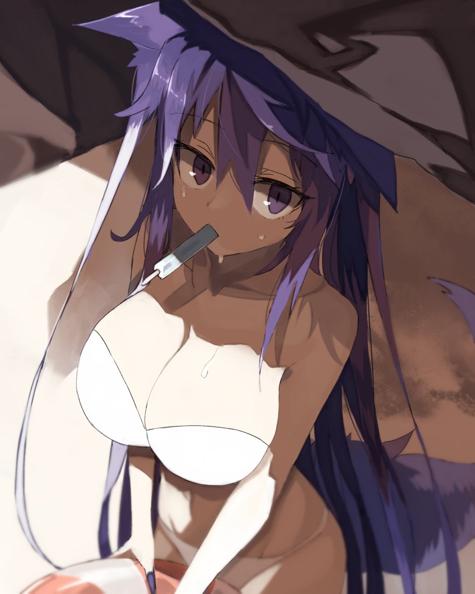 1girl animal_ears ball bare_arms bare_shoulders beachball bikini breasts cleavage food hair_between_eyes hat ice_cream kasuka_(kusuki) large_breasts long_hair looking_at_viewer nail_polish original popsicle purple_hair purple_nails solo strapless strapless_bikini sweat swimsuit tail violet_eyes white_bikini