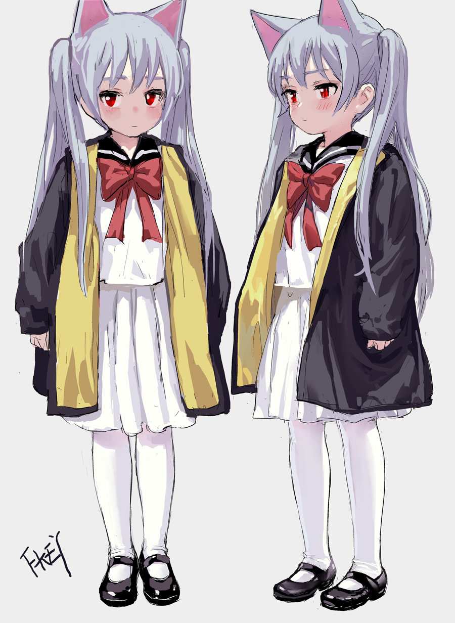 1girl animal_ears artist_name black_footwear black_jacket blush bow cat_ears commentary_request dual_persona expressionless fkey full_body grey_background highres jacket long_hair long_sleeves looking_at_viewer mary_janes multiple_views original pantyhose pleated_skirt red_bow red_eyes red_neckwear sailor_collar school_uniform serafuku shoes silver_hair simple_background skirt standing twintails white_legwear white_serafuku white_skirt