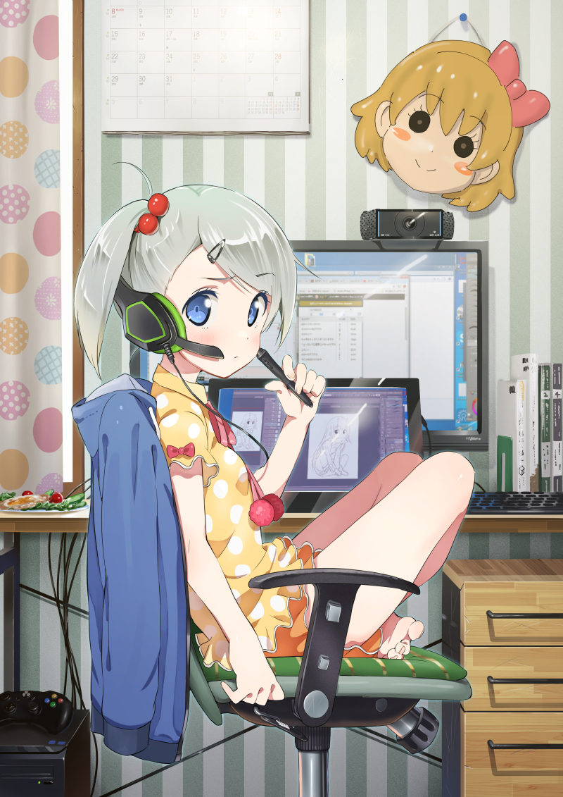 1girl bangs barefoot blue_eyes blue_jacket blush bow calendar_(object) chair closed_mouth computer computer_keyboard controller curtains day domo1220 eyebrows_visible_through_hair food game_controller hair_bobbles hair_ornament hairclip headphones headset holding holding_stylus indoors jacket jacket_removed looking_at_viewer mask monitor office_chair one_side_up orange_shorts original pink_bow polka_dot polka_dot_shirt pom_pom_(clothes) shirt short_shorts short_sleeves shorts silver_hair sitting solo striped stylus sunlight toenails vertical_stripes yellow_shirt