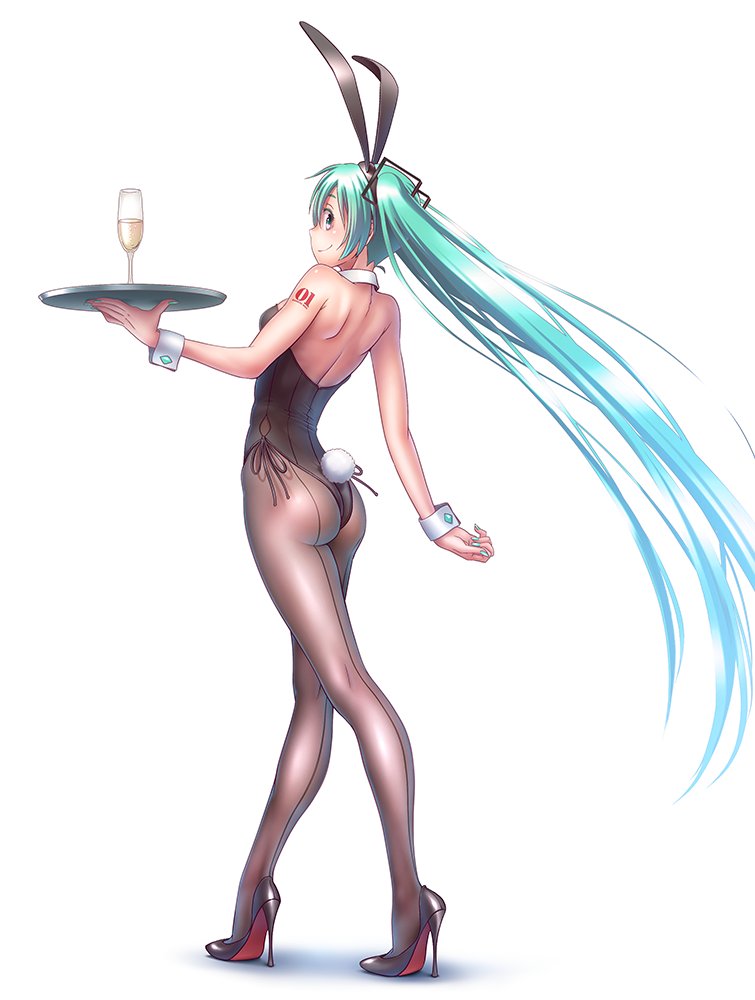 1girl alcohol alternate_costume animal_ears aqua_eyes aqua_hair aqua_nails arched_back ass back-seamed_legwear bare_shoulders black_footwear black_hairband black_legwear black_leotard black_ribbon blue_hair blush bunny_tail bunnysuit champagne champagne_flute closed_mouth cup drinking_glass fake_animal_ears fake_tail from_behind gradient_hair hairband hatsune_miku high_heels holding holding_tray leotard long_hair looking_back multicolored_hair nail_polish number_tattoo profile rabbit_ears ribbon seamed_legwear shiny shiny_hair shoulder_blades shoulder_tattoo side-tie_leotard simple_background smile solo strapless strapless_leotard tail tareme tattoo tray very_long_hair vocaloid white_background wokada wrist_cuffs