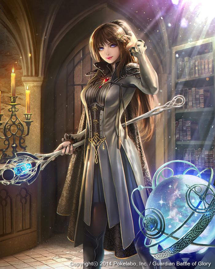 1girl adjusting_hair astrolabe axial black_legwear blue_eyes bookshelf breasts brown_hair candle candlestand dated door eudia_(serenity2200) fantasy globe guardian_battle_of_glory hair_ornament inside light_rays lipstick long_hair makeup medium_breasts official_art solo staff standing watermark