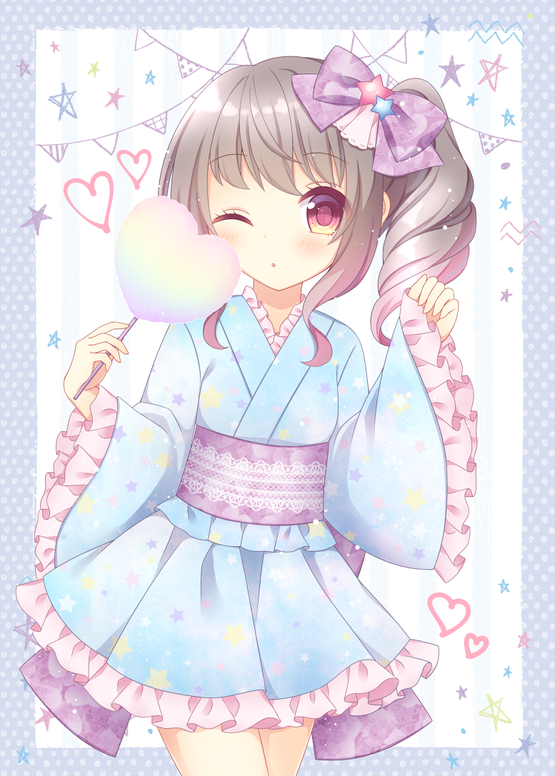 1girl ;o bangs blue_kimono blush bow brown_hair commentary_request cotton_candy eyebrows_visible_through_hair food frilled_sleeves frills hair_bow hands_up heart himetsuki_luna holding holding_food japanese_clothes kimono long_sleeves looking_at_viewer obi one_eye_closed original parted_lips pennant polka_dot purple_bow red_eyes sash short_kimono side_ponytail sidelocks sleeves_past_wrists solo star string_of_flags striped striped_background vertical-striped_background vertical_stripes wide_sleeves