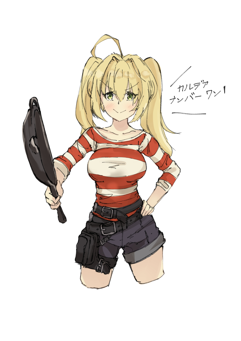 1girl :&gt; ahoge belt blue_shorts blush cowboy_shot fate_(series) frying_pan green_eyes looking_at_viewer nakatokung nero_claudius_(fate) nero_claudius_(fate)_(all) shirt short_shorts shorts simple_background smile solo striped striped_shirt translation_request twintails white_background