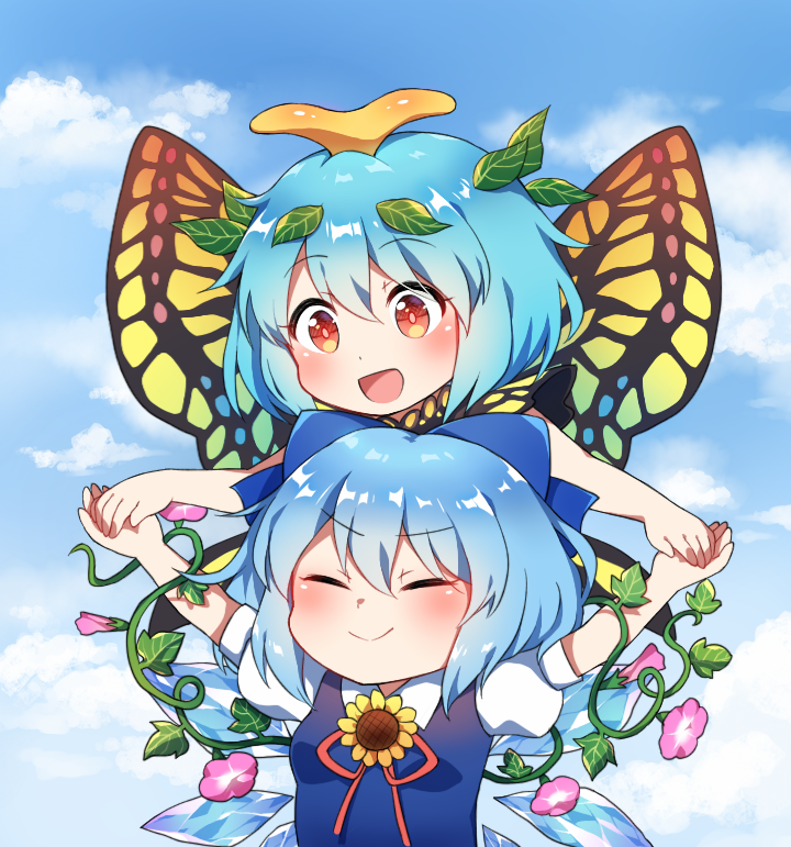 2girls :&gt; :d antennae behind_another blue_bow blue_hair blue_sky blush bow butterfly_wings caramell0501 cirno closed_eyes clouds day eternity_larva eyebrows_visible_through_hair flower hair_between_eyes hair_bow hand_holding leaf leaf_on_head looking_at_another looking_down morning_glory multiple_girls open_mouth outdoors outstretched_arms puffy_short_sleeves puffy_sleeves red_eyes red_ribbon ribbon short_hair short_sleeves sky smile spread_arms sunflower touhou upper_body wings