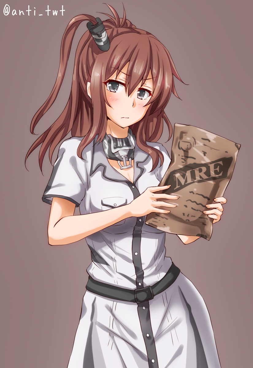 1girl anti_(untea9) blouse blue_eyes blush breasts brown_hair cleavage closed_mouth dress eyebrows_visible_through_hair grey_belt grey_neckwear hair_between_eyes highres kantai_collection large_breasts long_hair looking_at_viewer mre neckerchief ponytail purple_background remodel_(kantai_collection) saratoga_(kantai_collection) short_sleeves side_ponytail simple_background smokestack_hair_ornament solo twitter_username unamused upper_body white_blouse white_dress