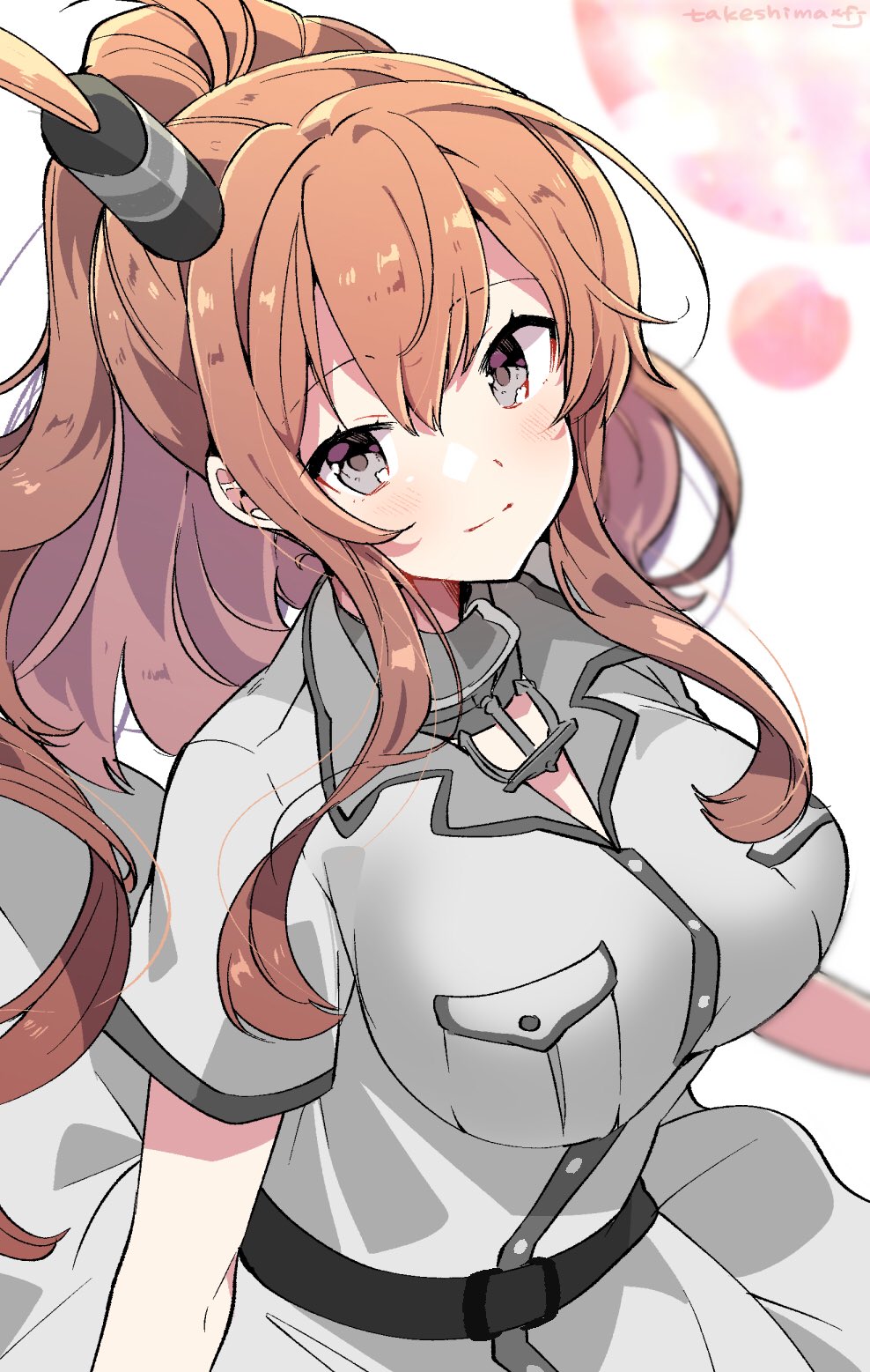 1girl artist_name blouse blue_eyes blush breast_pocket breasts brown_hair closed_mouth collared_blouse dress grey_belt highres kantai_collection large_breasts long_hair looking_at_viewer looking_up pocket remodel_(kantai_collection) saratoga_(kantai_collection) side_ponytail simple_background smile smokestack_hair_ornament solo takeshima_(nia) upper_body white_background white_blouse white_dress