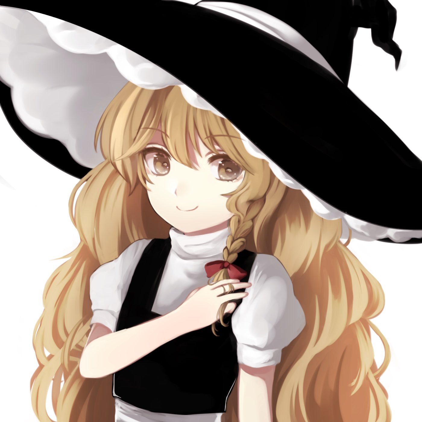 1girl big_hair blonde_hair braid commentary flat_chest hat highres kirisame_marisa long_hair looking_at_viewer playing_with_own_hair puffy_short_sleeves puffy_sleeves short_sleeves side_braid single_braid smile solo touhou very_long_hair vest wavy_hair witch_hat yellow_eyes yururi_nano