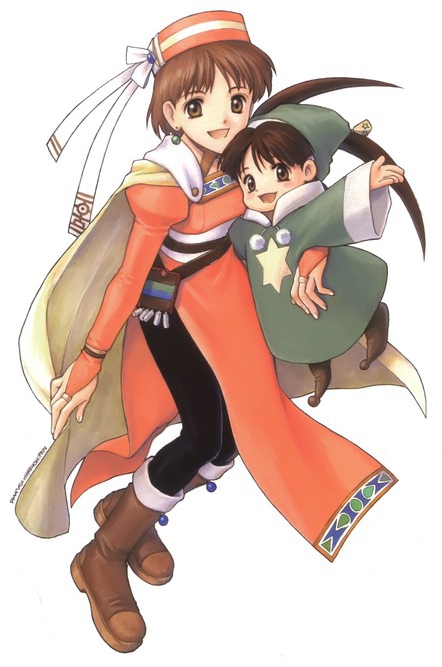 1boy 1girl 90s :d atelier_(series) atelier_elie black_legwear bow brown_eyes brown_hair dress elfir_traum full_body green_hat hat hat_bow looking_at_viewer official_art open_mouth orange_dress orange_hat pantyhose robe short_hair signature simple_background size_difference smile white_background white_bow yamagata_isaemon yellow_cape yousei_(atelier_elie)