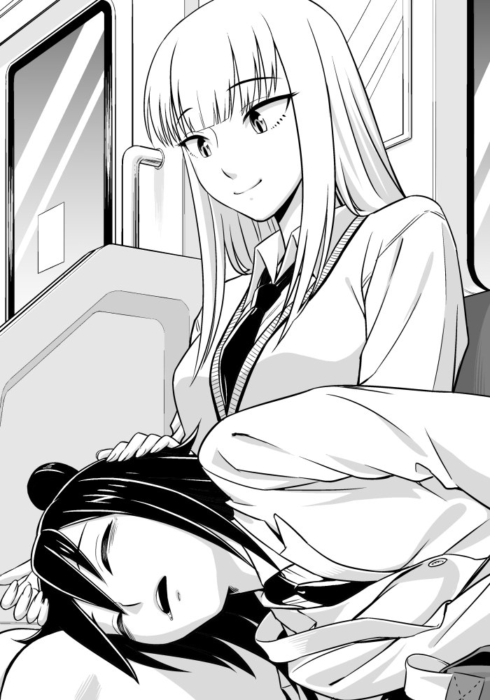 2girls animal_ears bags_under_eyes blazer cardigan closed_eyes collared_shirt commentary_request d: hands_on_another's_head ichikawa_masahiro jacket katou_asuka kuroki_tomoko lap_pillow long_hair monochrome mouse_ears multiple_girls necktie open_mouth saliva school_uniform shirt sleeping sleeping_on_person smile train_interior watashi_ga_motenai_no_wa_dou_kangaetemo_omaera_ga_warui!