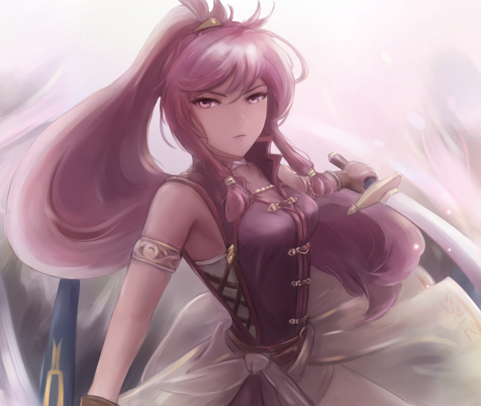 1girl armband breasts choker expressionless fire_emblem fire_emblem:_seima_no_kouseki fire_emblem_heroes gloves high_ponytail holding holding_sheath holding_sword holding_weapon leonmandala long_hair marica_(fire_emblem) pink_eyes pink_hair ponytail see-through sheath solo sword weapon