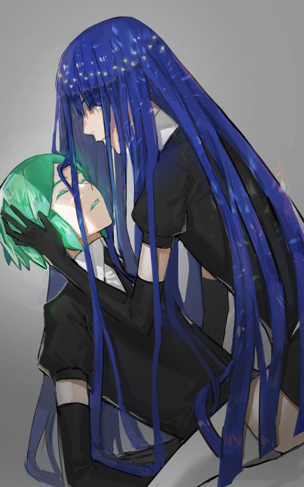 androgynous bangs blue_eyes blue_hair blunt_bangs closed_eyes colored_eyelashes elbow_gloves gem_uniform_(houseki_no_kuni) gloves green_hair highres hime_cut holding_another's_head houseki_no_kuni lapis_lazuli_(houseki_no_kuni) light_smile long_hair necktie phosphophyllite short_hair sitting sitting_on_lap sitting_on_person spoilers thigh-highs