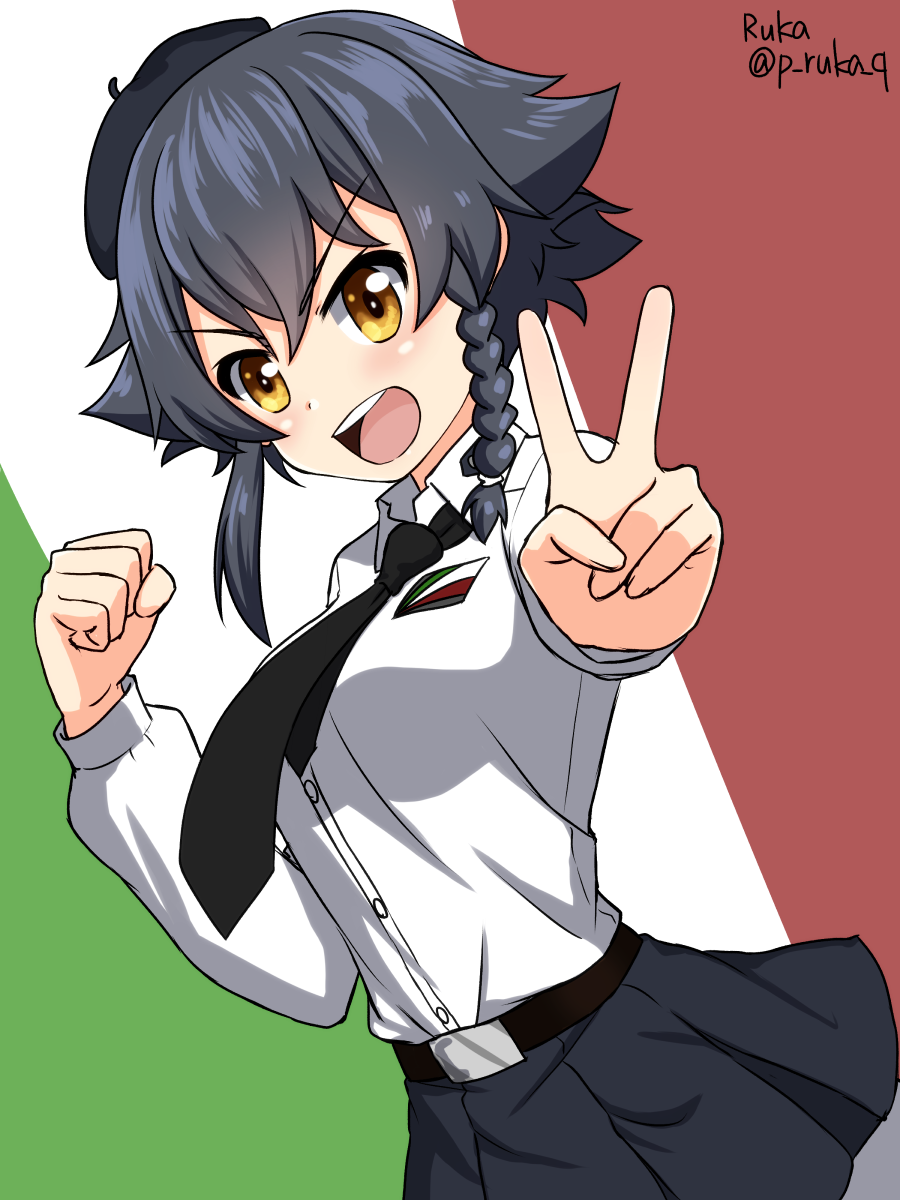 1girl anzio_school_uniform artist_name bangs belt beret black_belt black_hair black_hat black_skirt braid brown_eyes commentary dress_shirt emblem eyebrows_visible_through_hair flag_background girls_und_panzer hat highres italian_flag long_sleeves looking_at_viewer miniskirt open_mouth pantyhose pepperoni_(girls_und_panzer) pleated_skirt ruka_(piyopiyopu) school_uniform shirt short_hair side_braid skirt smile solo standing twitter_username v v-shaped_eyebrows white_legwear white_shirt wing_collar