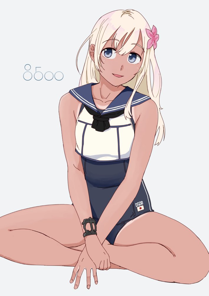 1girl barefoot black_swimsuit blonde_hair blue_eyes blue_sailor_collar bracelet character_name crop_top flower grey_background hair_flower hair_ornament indian_style jewelry kantai_collection ojipon one-piece_swimsuit one-piece_tan ro-500_(kantai_collection) sailor_collar school_swimsuit simple_background sitting solo swimsuit swimsuit_under_clothes tan tanline