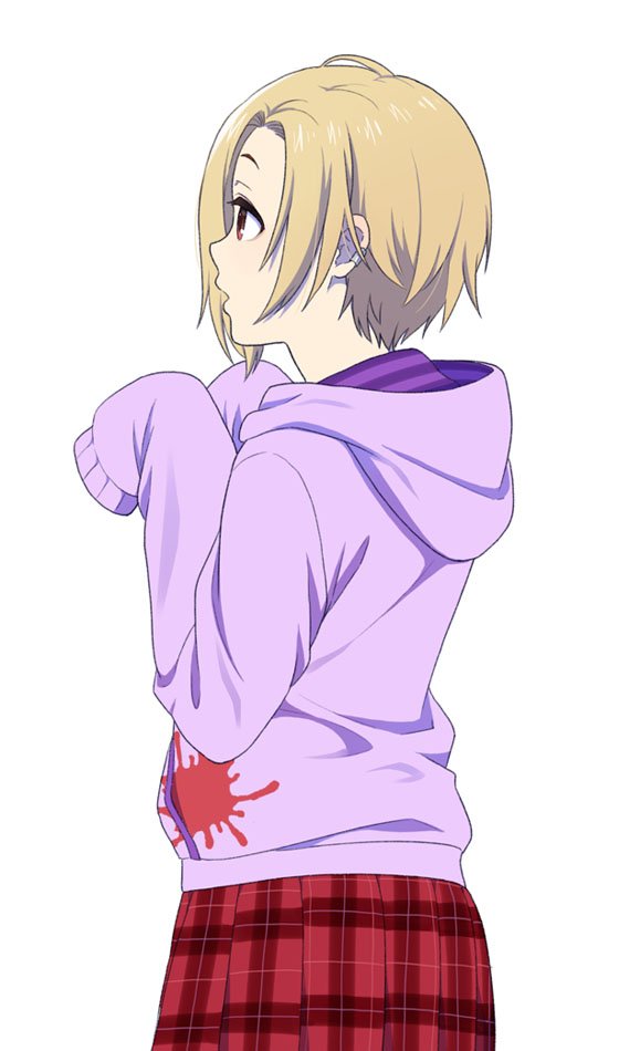 1girl blonde_hair brown_eyes cowboy_shot ear_piercing hood hoodie idolmaster idolmaster_cinderella_girls jewelry long_sleeves looking_ahead mattaku_mousuke parted_lips piercing plaid plaid_skirt purple_hoodie shirasaka_koume short_hair simple_background skirt sleeves_past_wrists solo splatter white_background