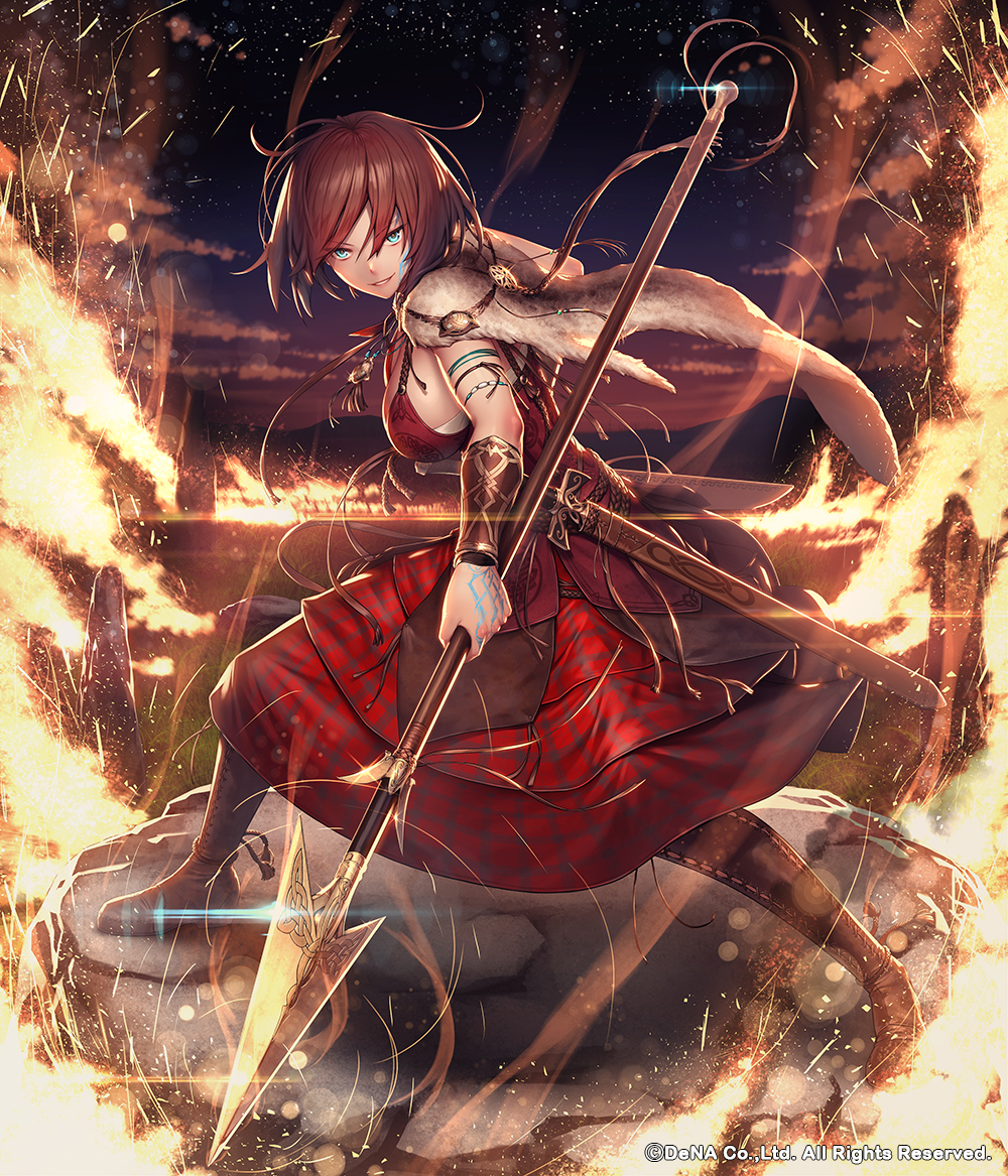 1girl blue_eyes boots breasts brown_hair commentary_request copyright_request fire full_body grass knee_boots large_breasts legs_apart looking_at_viewer night night_sky official_art outdoors parted_lips polearm remana rock sheath sheathed sky smirk solo spear standing sword tattoo vambraces weapon