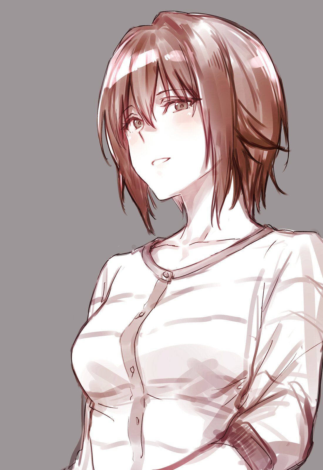 1girl bangs brown casual commentary_request eyebrows_visible_through_hair girls_und_panzer grey_background highres long_sleeves looking_at_viewer monochrome napata nishizumi_maho parted_lips shirt short_hair sketch smile solo striped striped_shirt upper_body