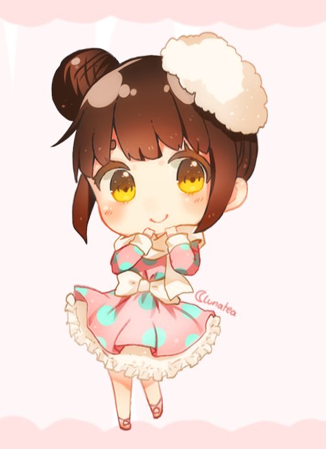 1girl brown_hair chibi closed_mouth commentary commission dress english_commentary frilled_dress frills hair_bun hands_up long_sleeves looking_at_viewer mochii original pink_background pink_dress pink_footwear shoes signature smile solo yellow_eyes