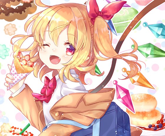 1girl ;d alternate_costume blonde_hair bow bowtie brown_jacket bubble_background commentary_request crepe doughnut eyebrows_visible_through_hair eyes_visible_through_hair fang flandre_scarlet food fruit gem hair_ribbon holding holding_food jacket long_sleeves looking_at_viewer medium_hair mimi_(mimi_puru) one_eye_closed one_side_up open_mouth pancake plaid_neckwear pon_de_ring red_eyes red_neckwear red_ribbon ribbon school_uniform shirt smile smoothie solo strawberry sweets tongue touhou upper_body white_background white_shirt wings