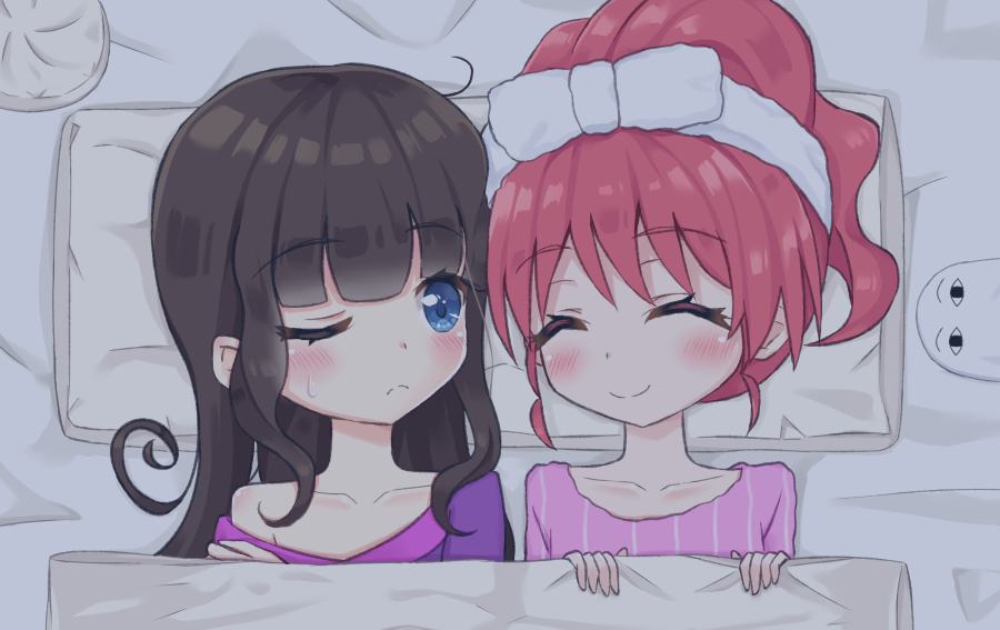 &lt;o&gt;_&lt;o&gt; 2girls ^_^ bangs bare_shoulders bed_sheet blush brown_hair closed_eyes closed_mouth collarbone eyebrows_visible_through_hair kurosu_aroma long_hair looking_at_another looking_to_the_side lying medjed multiple_girls off_shoulder on_back one_eye_closed pillow pink_hair pink_shirt pripara purple_shirt shiratama_mikan shirt smile sutei_(xfzdarkt) sweat under_covers
