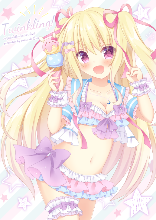 1girl :d bangs bikini blonde_hair blue_sailor_collar blush bow breasts cleavage collarbone commentary_request diagonal-striped_background diagonal_stripes double_scoop eyebrows_visible_through_hair food frilled_bikini frills hair_between_eyes hair_ribbon hands_up himetsuki_luna holding holding_food ice_cream ice_cream_cone leg_garter long_hair medium_breasts multicolored multicolored_bikini multicolored_clothes navel open_clothes open_mouth open_shirt original pink_ribbon purple_bow ribbon sailor_collar sailor_shirt shirt short_sleeves smile solo star striped striped_background swimsuit two_side_up v very_long_hair violet_eyes white_shirt wrist_cuffs