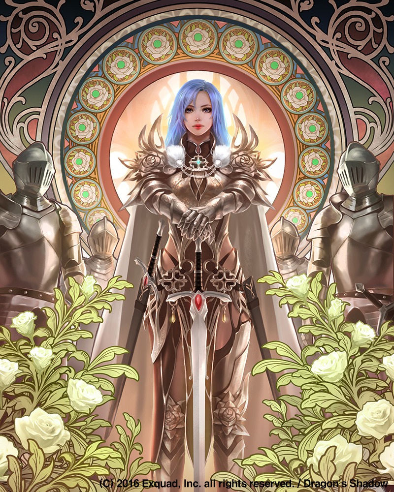 1girl armor blue_hair cape copyright_name derigal dragon's_shadow eudia_(serenity2200) fantasy flower gauntlets greaves jewelry long_hair looking_afar looking_at_viewer official_art pendant planted_sword planted_weapon sheath sheathed standing sword watermark weapon white_cape