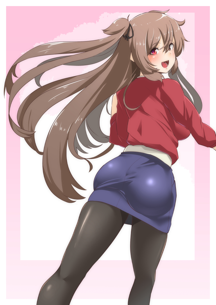 1girl ass black_legwear blue_skirt breasts brown_eyes heterochromia kantai_collection light_brown_hair long_hair looking_at_viewer medium_breasts miniskirt murasame_(kantai_collection) open_mouth pantyhose pink_background red_eyes red_shirt remodel_(kantai_collection) ryuun_(stiil) shirt skirt smile solo twintails two_side_up