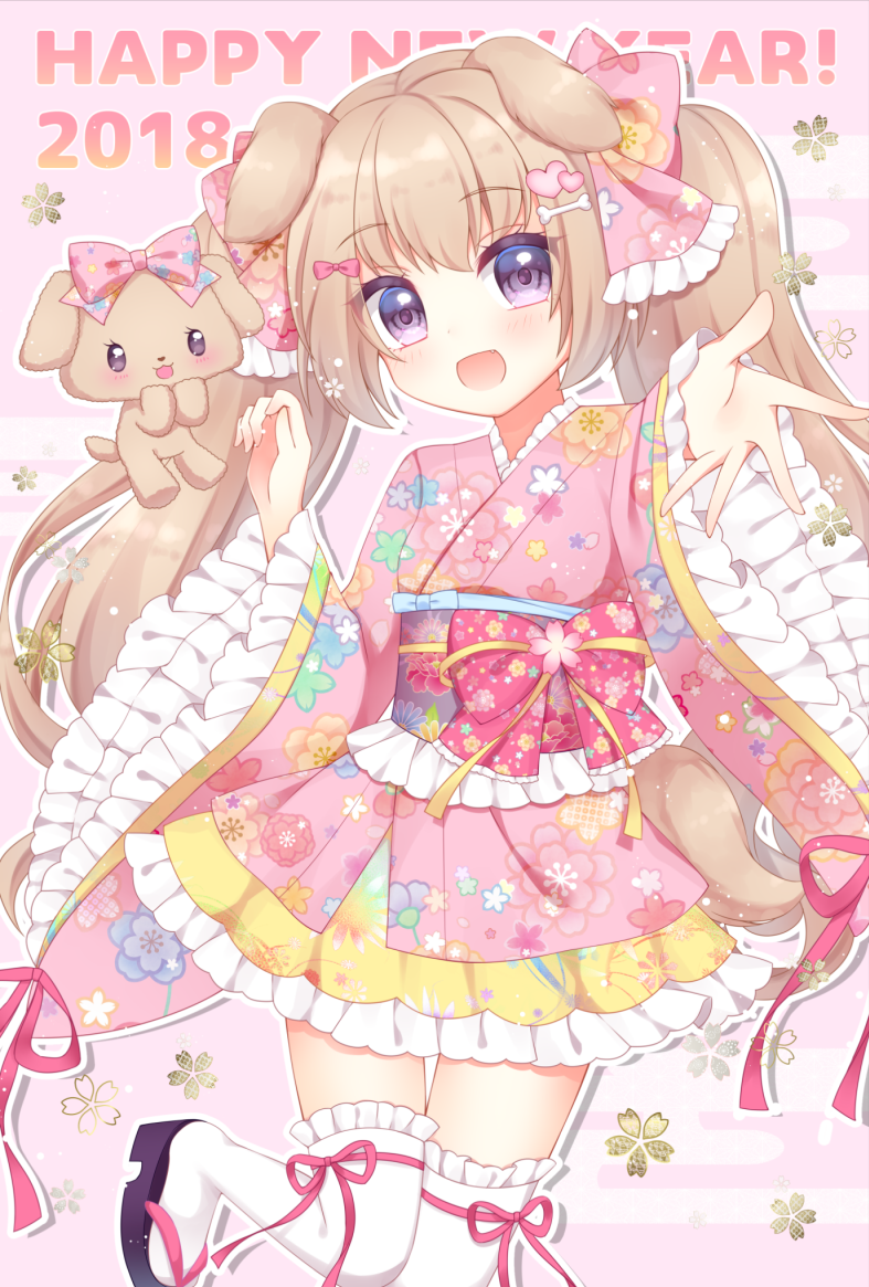 1girl 2018 :d animal animal_ears bangs black_footwear blush bone_hair_ornament bow brown_hair chinese_zodiac commentary_request dog dog_ears dog_girl dog_tail egasumi eyebrows_visible_through_hair floral_print frilled_legwear frilled_skirt frilled_sleeves frills hair_between_eyes hair_bow hair_ornament happy_new_year head_tilt heart heart_hair_ornament himetsuki_luna japanese_clothes kimono long_hair long_sleeves looking_at_viewer new_year open_mouth original outstretched_arm pink_bow pink_kimono pink_ribbon print_bow print_kimono print_skirt ribbon short_kimono sidelocks skirt smile solo standing standing_on_one_leg tail thigh-highs twintails very_long_hair violet_eyes white_legwear wide_sleeves year_of_the_dog yellow_skirt zouri