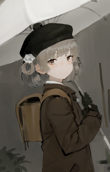 1girl backpack bag beret black_gloves blush bob_cut brown_bag brown_eyes brown_hair brown_jacket closed_mouth collared_shirt flower from_side gloves hat hatoba_tsugu hatoba_tsugu_(character) jacket looking_at_viewer randoseru shirt short_hair smile solo tommy830219 upper_body white_flower white_shirt white_umbrella