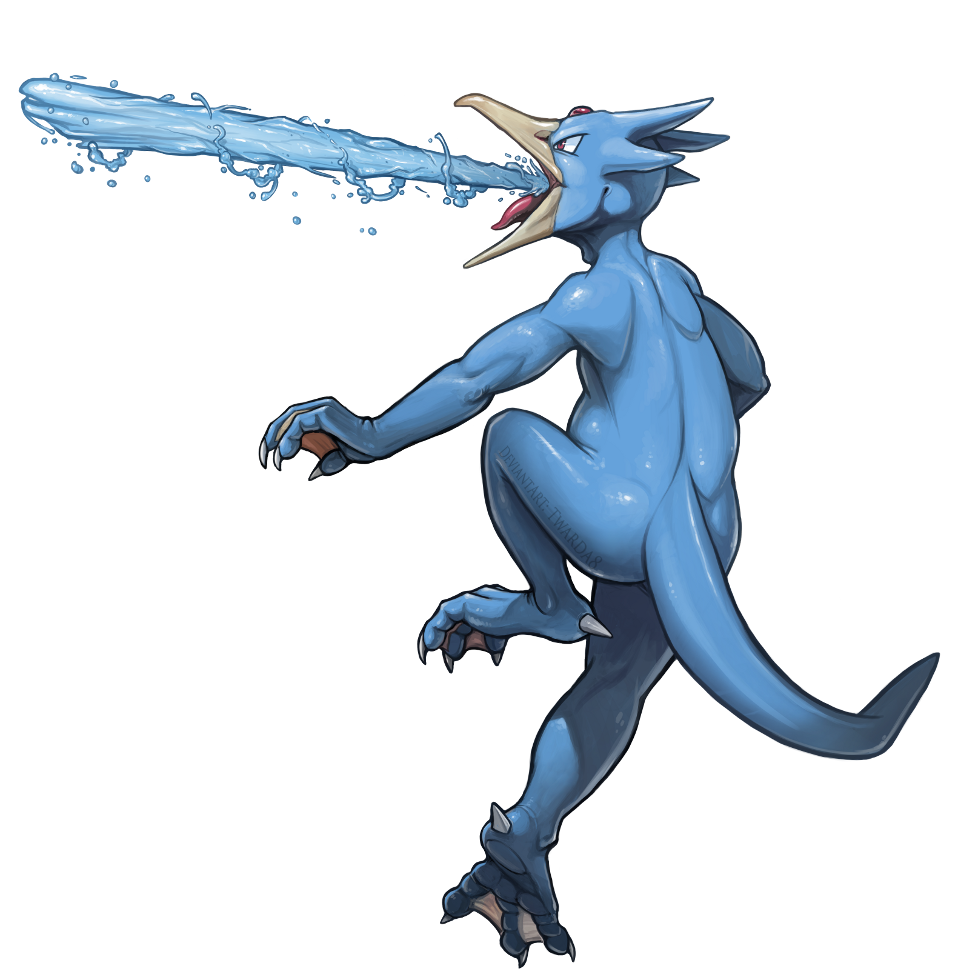 beak brown_eyes claws commentary creature deviantart_username from_behind full_body gen_1_pokemon golduck jumping no_humans pokemon pokemon_(creature) profile signature solo tongue transparent_background twarda8 water