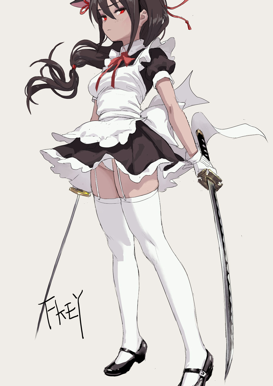1girl animal_ears apron artist_name black_dress black_footwear breasts brown_hair cat_ears commentary_request dress dual_wielding eyeshadow fkey frilled_apron frills garter_straps gloves grey_background hair_ribbon highres holding holding_sword holding_weapon katana long_hair looking_at_viewer maid maid_apron makeup mary_janes medium_breasts neck_ribbon original panties petticoat puffy_short_sleeves puffy_sleeves purple_eyeshadow red_eyes red_neckwear red_ribbon ribbon shoes short_sleeves signature simple_background solo sword thigh-highs underwear weapon white_apron white_gloves white_legwear white_panties wing_collar