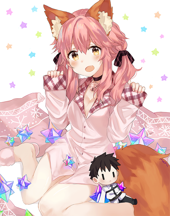 1girl :d animal_ears artist_name bangs bell bell_choker black_choker blush breasts character_doll choker cleavage commentary_request cushion eyebrows_visible_through_hair fate/grand_order fate_(series) fingernails fox_ears fox_tail fujimaru_ritsuka_(male) hands_up long_sleeves looking_at_viewer low_twintails medium_breasts mochii nail_polish naked_shirt open_mouth pajamas pink_hair pink_nails saint_quartz shirt signature sitting sleeves_past_wrists smile solo tail tamamo_(fate)_(all) tamamo_no_mae_(fate) twintails wariza yellow_eyes