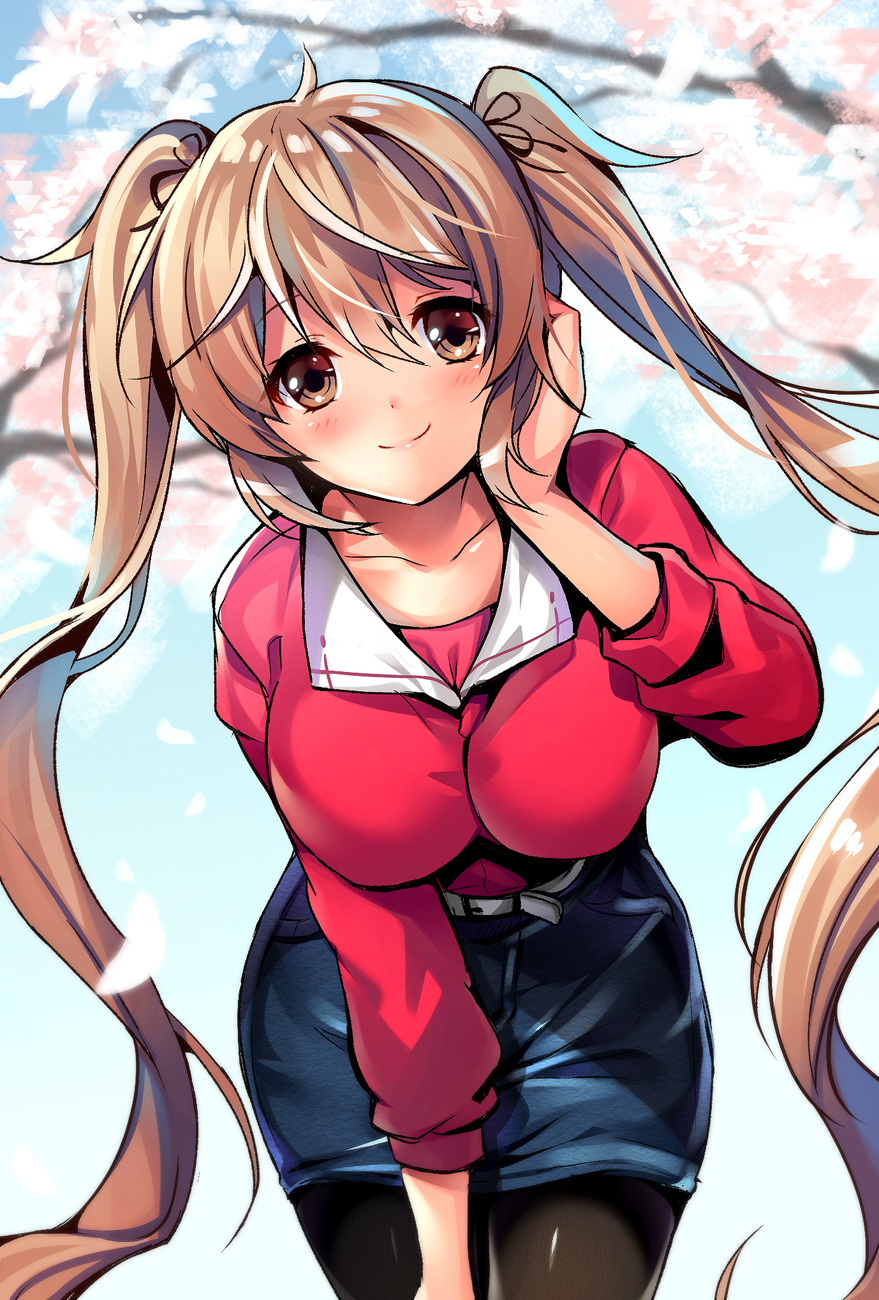 1girl black_legwear blue_skirt blue_sky breasts brown_eyes cherry_blossoms hanami highres kantai_collection light_brown_hair long_hair looking_at_viewer medium_breasts miniskirt murasame_(kantai_collection) pantyhose petals red_shirt ruri_rarako shirt skirt sky solo twintails