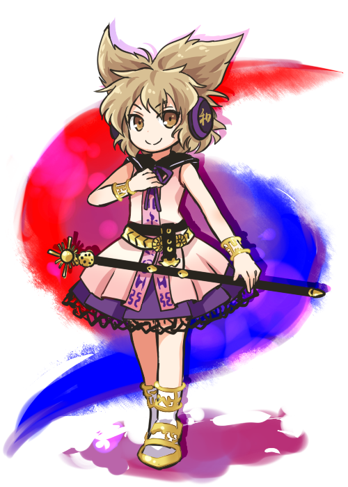 1girl anklet belt bracer brown_eyes earmuffs full_body gold jewelry light_brown_hair looking_at_viewer neck_ribbon pointy_hair pote_(ptkan) purple_neckwear purple_ribbon purple_skirt ribbon sailor_collar sheath sheathed shirt skirt sleeveless sleeveless_shirt smile solo standing sword touhou toyosatomimi_no_miko weapon