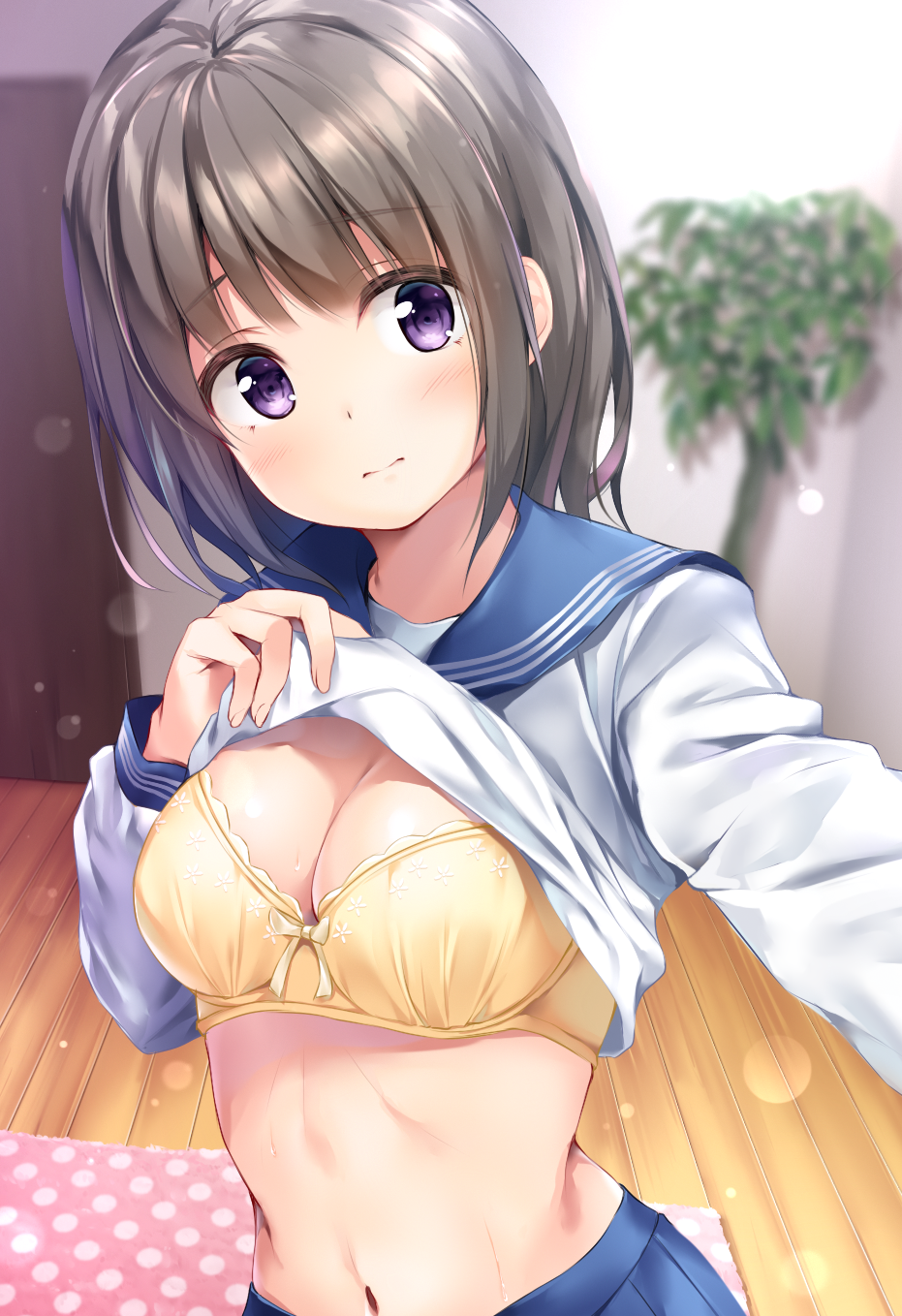 1girl blurry blush bra breasts brown_hair cleavage depth_of_field eyebrows_visible_through_hair head_tilt highres indoors lens_flare lifted_by_self looking_at_viewer medium_breasts medium_hair navel original pasdar pleated_skirt reaching_out school_uniform self_shot serafuku shirt_lift skirt solo stomach underwear violet_eyes wooden_floor yellow_bra