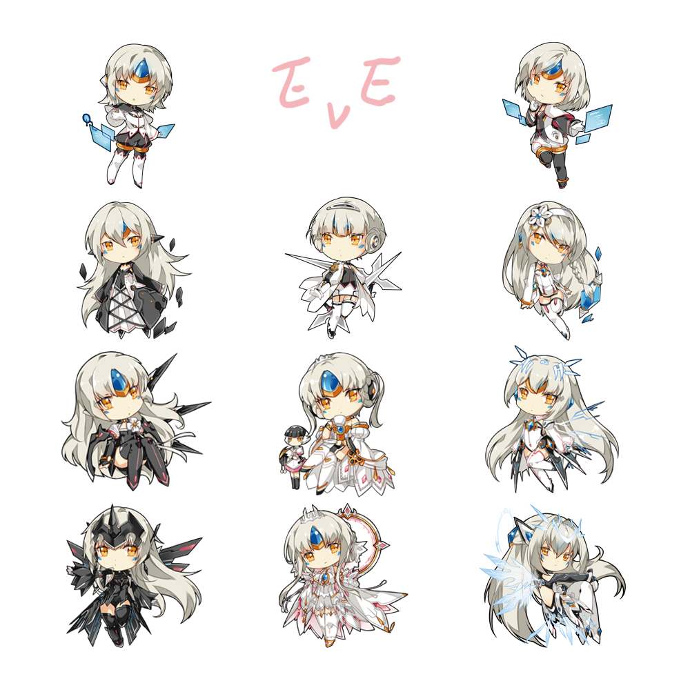 6+girls another_code_(elsword) black_capelet black_dress black_footwear black_leotard boots braid capelet character_name chibi code:_architecture_(elsword) code:_battle_seraph_(elsword) code:_electra_(elsword) code:_empress_(elsword) code:_esencia_(elsword) code:_exotic_(elsword) code:_nemesis_(elsword) code:_sariel_(elsword) code:_ultimate_(elsword) dress elsword eve_(elsword) expressionless forehead_jewel gloves hair_intakes hairband holographic_monitor leotard long_hair miniskirt multiple_girls multiple_persona ophelia_(elsword) shirt short_hair side_braid simple_background skirt thigh-highs thigh_boots vilor white_background white_footwear white_gloves white_hair white_hairband white_leotard white_shirt white_skirt wings yellow_eyes zettai_ryouiki