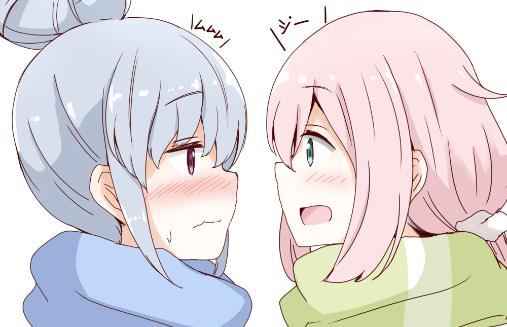 2girls aikawa_ryou bangs blue_hair blue_scarf blush closed_mouth commentary_request eye_contact eyebrows_visible_through_hair green_eyes green_scarf hair_between_eyes hair_ornament hair_scrunchie kagamihara_nadeshiko long_hair looking_at_another multiple_girls open_mouth pink_hair profile scarf scrunchie shima_rin sidelocks simple_background sweat translation_request violet_eyes wavy_mouth white_background white_scrunchie yuri yurucamp